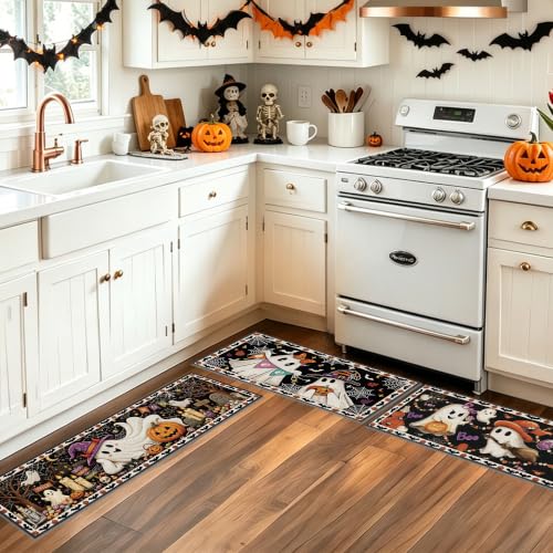 Halloween Ghost Kitchen Rugs Set - Orange & Purple, 3 Sizes, 16x31/47/59 in - Festive Fall Decor