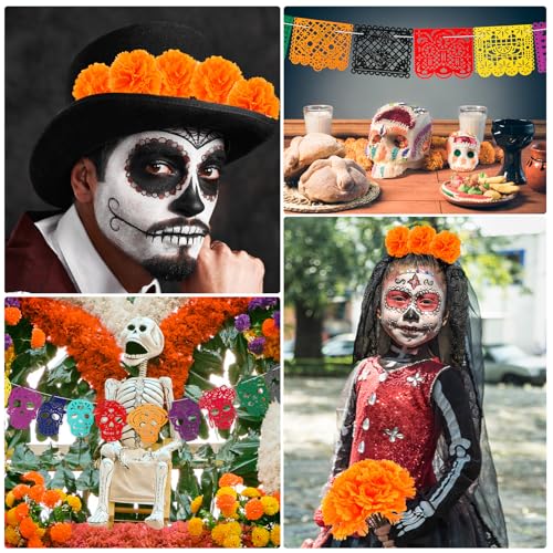 Dia De Los Muertos Decorations Ofrenda Set with Marigold Flowers & Papel Picado Banner