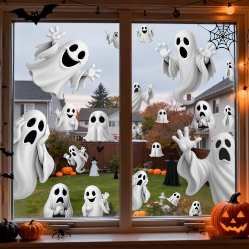 Halloween Window Clings Ghost Stickers - Floating Ghosts Reusable Static Decals for Windows Doors Mirrors - 4 Sheets