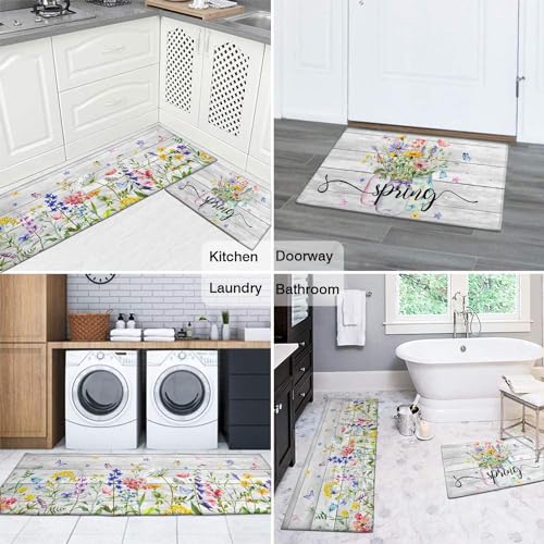 Spring Kitchen Rug Set of 2 Non-Slip Washable Floral & Wood Grain Mats - Spring