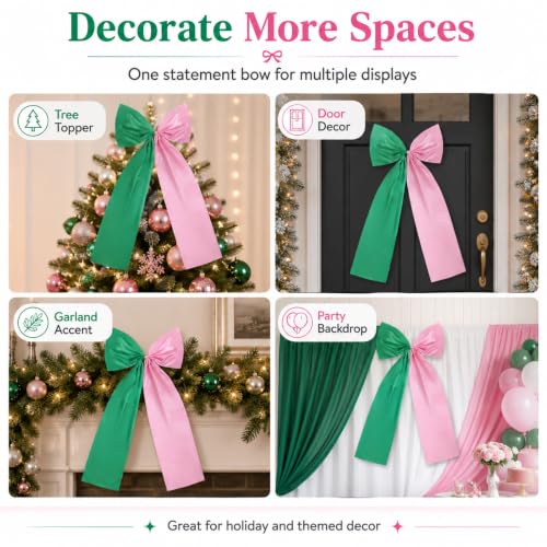 Large Pink and Green Satin Bow Christmas Tree Topper Decor 25x47 Inch