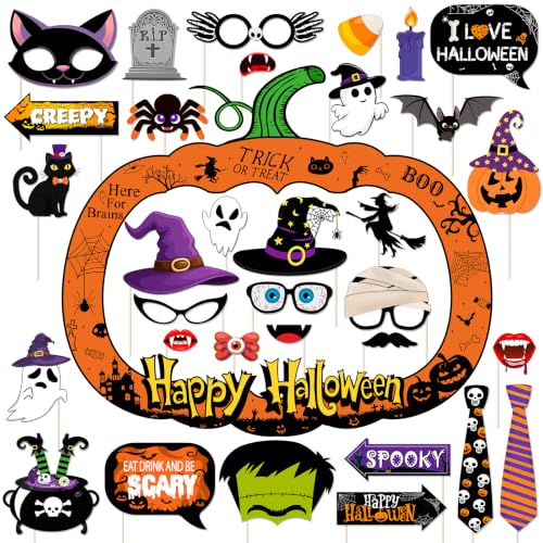 Halloween Photo Booth Props Set - 34 Pcs Spooky Party Accessories with Wooden Sticks - Halloween