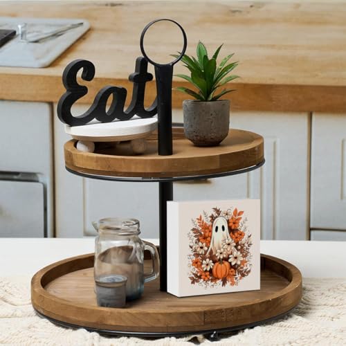 Fall Wooden Sign Decor - 5x5 Inch Halloween Pumpkin & Ghost Wall Art