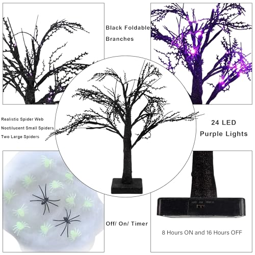 Halloween Indoor Tree with Purple Lights and Spiders - Creepy Decor