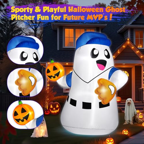 5FT Halloween Inflatable Ghost Pitcher with Pumpkin Baseball Outdoor Decor LED Lights