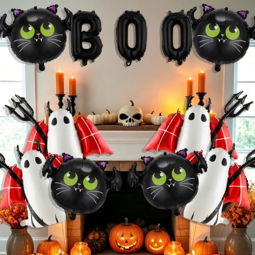 Halloween Balloons Set with Ghost Bat Boo Decorations, Reusable Foil Party Supplies