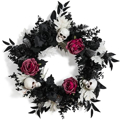 Halloween Skull Wreath for Front Door - Gothic Black & Burgundy Decor Variation: Black