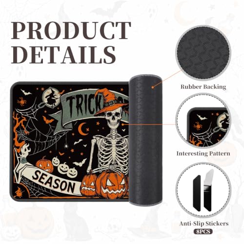 Halloween Skeleton Black Cat Floor Rugs Set of 2 - Vintage Spooky Entryway Mats with Silicone Backing
