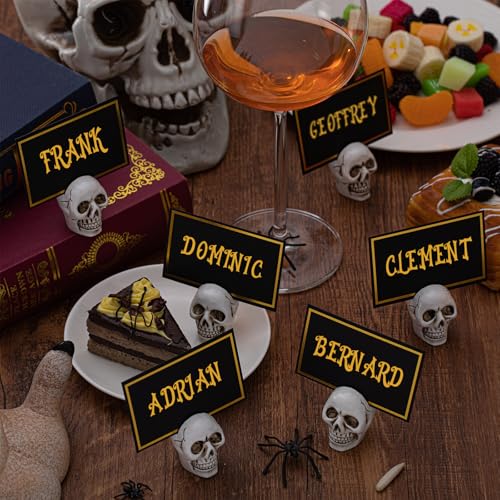 12 Set Halloween Skull Place Card Holders with 24 Name Cards - Resin Party Table Decor