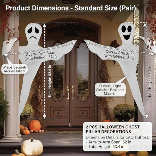 Outdoor Flying Ghost Decorations Set - 53 Inch Bendable White Ghost for Yard, Tree Wrap Halloween Decor - 2PCS