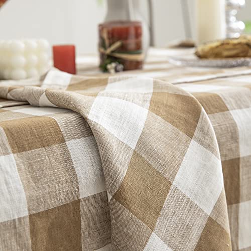 Everly Linen Tablecloth 60x120 Inches Brown Plaid Rectangular For Dining & Events