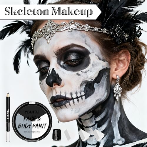 Halloween Skeleton Face Paint Kit - White Black Grey Makeup Set - Variation of Skeleton Makeup Kit