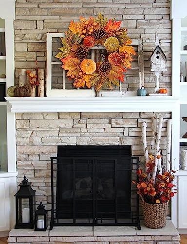 Fall Wreath 16 Inch Autumn Velvet Pumpkin Maple Leaves Front Door Decor - Briful