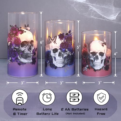 Halloween Flameless Candles Set of 3 Skull & Rose with Remote Timer - Indoor Decor