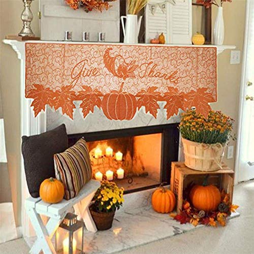 Thanksgiving Fireplace Scarf 20x60 Inch Pumpkin & Leaf Lace Table Runner - Fall Decor