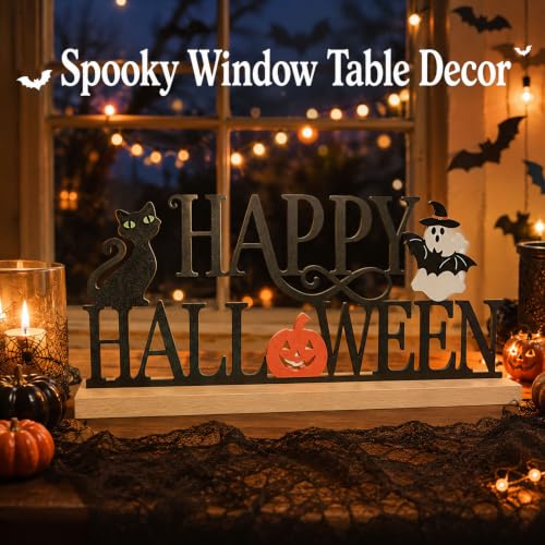 Halloween Table Decorations - Metal Happy Halloween Sign with Ghost Pumpkin Bat - Happy Halloween Variation