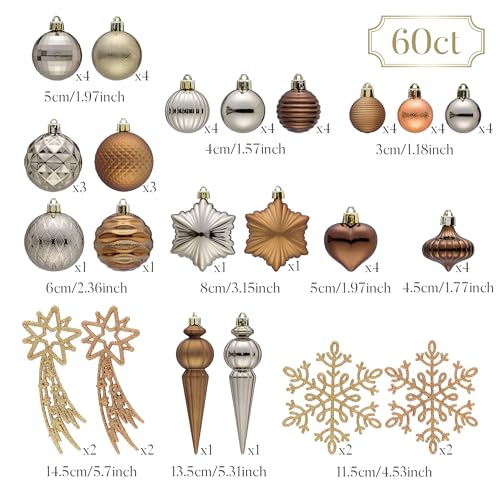 Christmas Tree Ornaments Set - Copper & Gold Holiday Decorations, Shatterproof, 60pcs - Valery Madelyn