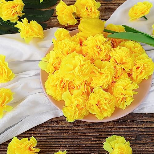 Yellow Artificial Marigold Flowers Bulk 50 Pcs for Day of the Dead Decorations - Faux Silk Floral Stems