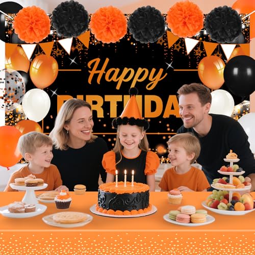 Orange & Black Birthday Decorations Set - Banner Balloons Tablecloth Pompoms - Variation: Orange Black