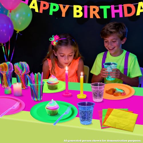 Glow in the Dark Party Supplies Set - Happy Birthday Variation - Serves 20