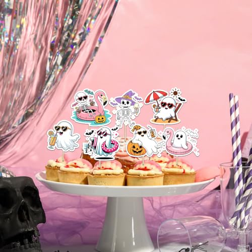 36 Pcs Summer Halloween Cupcake Toppers - Ghost Beach Cake Decorations for Parties