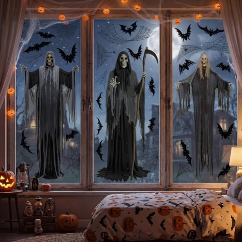 Halloween Skeleton Window Clings - Extra Large Ghost & Bat Decor, 3 Sheets
