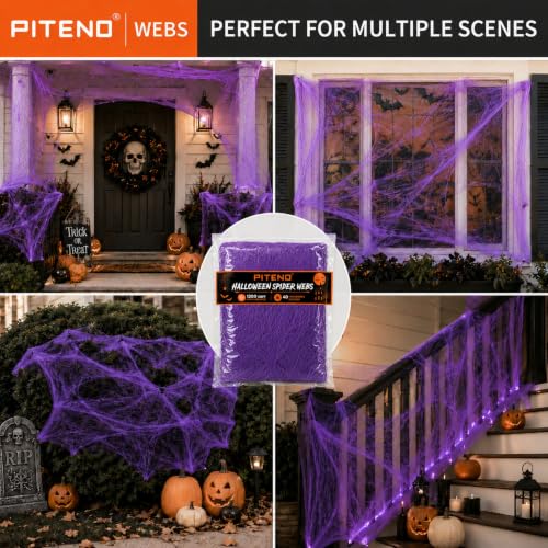 Purple Halloween Spider Webs Decoration Kit - 1200 sqft Stretchable Web with 40 Fake Spiders