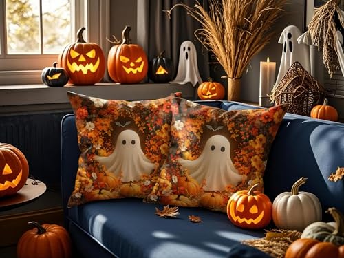 Halloween Ghost Pumpkin Throw Pillow Cover Set 18x18 in Orange Fall Decor - T2ghostorangepumpkin