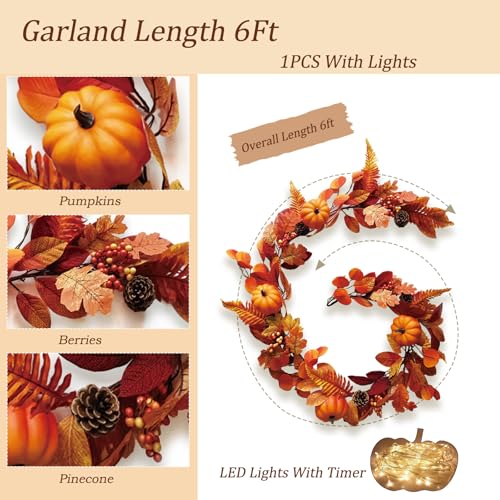 1 Pcs Fall Garland with Lights - Autumn Pumpkin Berry Maple Leaves Wreath for Mantle, Fireplace, Porch Decor
