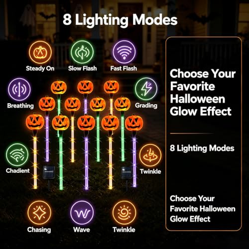 Solar Halloween Pumpkin Stake Lights 12-Pack Outdoor Waterproof String Lights with 8 Modes