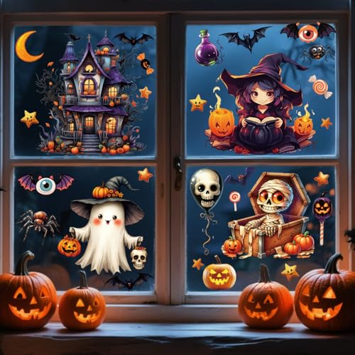 Halloween Window Clings Set - 82PCS Spooky & Cute Ghost Witch Zombie Decor