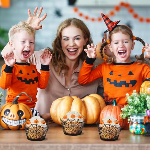 Black Halloween Cupcake Liners with Spider Web Toppers - 50 Pcs