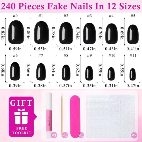 Black Short Oval Press On Nails with Glue Tabs - 240pc Fake Nails Set
