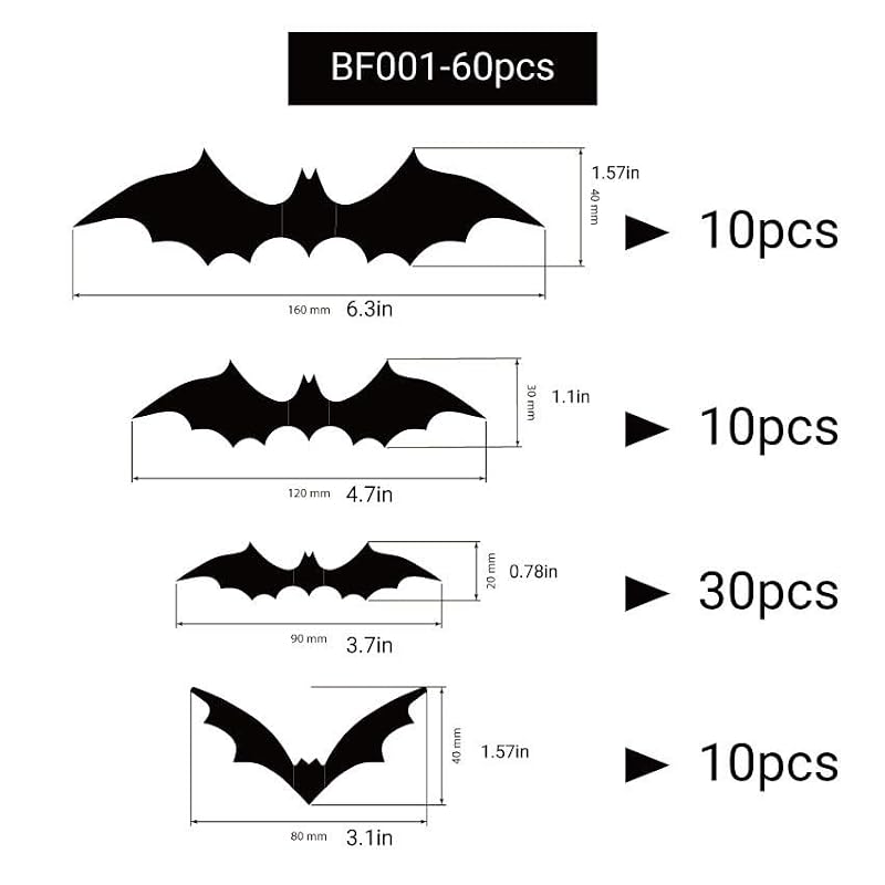 60 Pcs 3D Halloween Bat Decorations Set - Removable Wall Decor for Party & Home - Variation of THIS listing