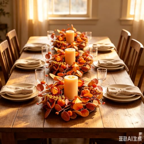 Mini Fall Pumpkin Candle Ring Wreaths - 4 Pcs Autumn Eucalyptus & Berries - Farmhouse Thanksgiving Decor