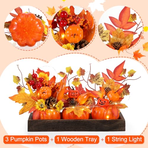 Pumpkin Thanksgiving Centerpiece with Wooden Tray & LED Light - Orange Fall Decor
