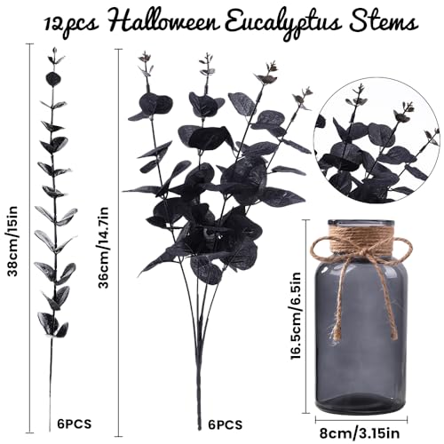 Black Eucalyptus Stems with Glass Vase - Halloween Table Decor, Variation: Black With Vase