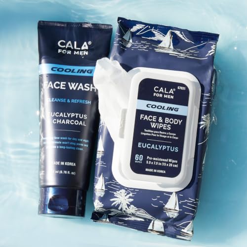 Cala Men Cooling Face & Body Wipes 60 Sheets - Unscented, Eucalyptus & Witch Hazel, Reusable Pack