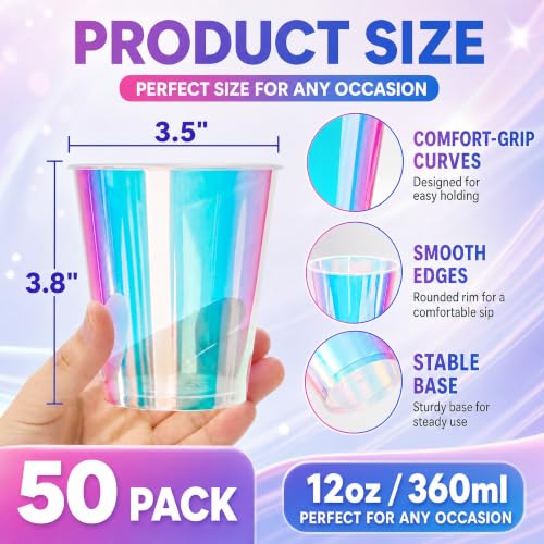 12 oz Iridescent Plastic Cups - Pack of 50 Disposable Glitter Party Cups