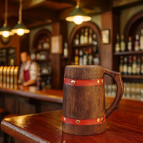 Rustic Wooden Beer Mug with Orange Leather Strap - Handmade Viking Steinkrug for Coffee Tea Ale