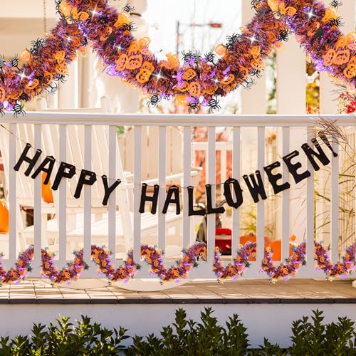 Halloween Tinsel Garland Decorations - Orange, Purple, Black with Pumpkins & Bats - 33 FT - Indoor Outdoor Festive Decor