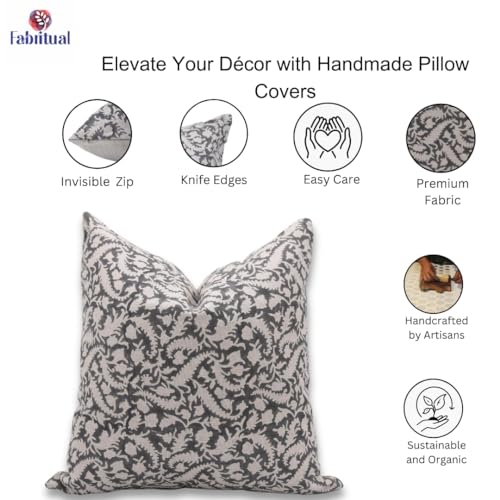 20x20 Inch Light Grey Linen Throw Pillow Cover with Zipper - Handmade Boho Cushion for Indoor & Outdoor Decor