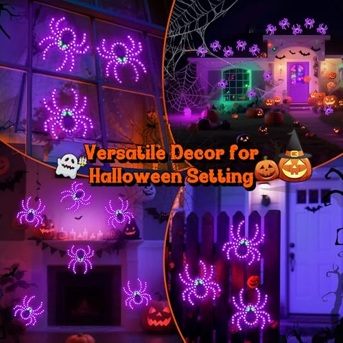 Halloween Twinkling LED Spider Silhouette Lights - 6 Pack, Indoor Outdoor Decor, Purple & Green