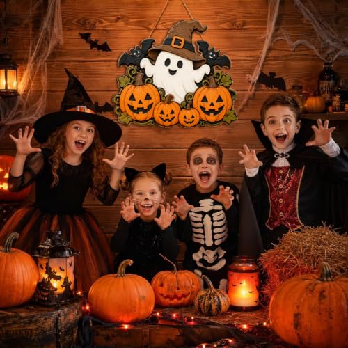 Halloween Ghost Door Hanger - Wooden Witch Hat Pumpkin Wreath Sign - Ghost Witch Pumpkin Variation