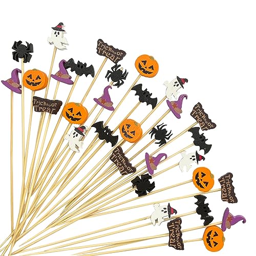 Halloween Cocktail Picks Set - 100 Wooden Skewers with Ghost, Pumpkin, Bat, Spider, Hat, Trick or Treat Designs
