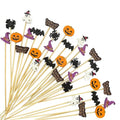 Halloween Cocktail Picks Set - 100 Wooden Skewers with Ghost, Pumpkin, Bat, Spider, Hat, Trick or Treat Designs