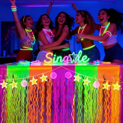 Neon Fluorescent Metallic Tinsel Foil Fringe Table Skirts - 2 Pack, Glow in Dark Party Decor