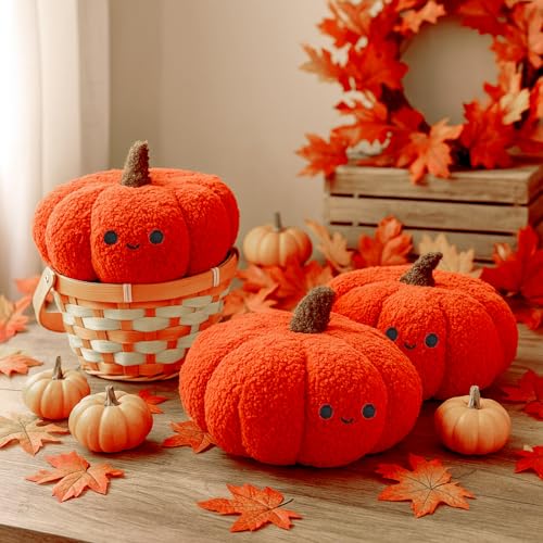 Orange Fall Pumpkin Throw Pillows Set - Plush 3 Pcs Teddy Fleece Decor