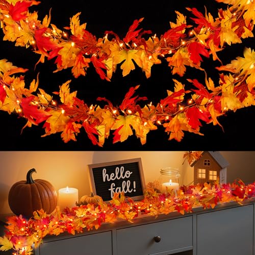 9ft Pre-lit Fall Garland with 50 LED Orange Lights - Waterproof Battery-Operated Autumn Decor - Variation of THIS listing
