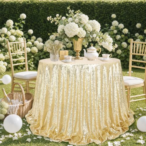 Light Gold Sequin Round Tablecloth 120 Inch Sparkly Cover for Parties & Events